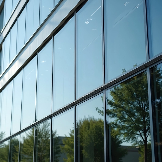 Glass windows of a modern building reflecting green trees and a clear blue sky.