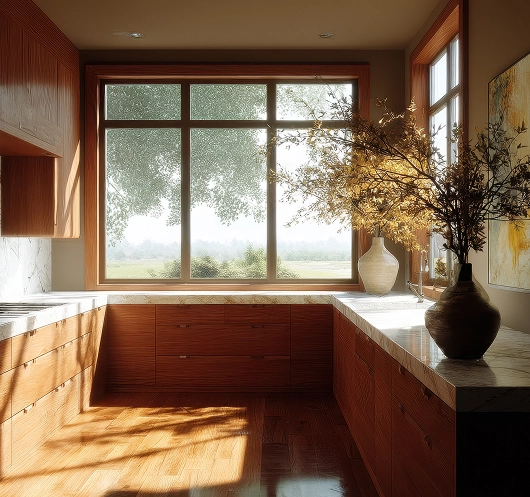 Sunlit modern kitchen with wooden cabinets, marble countertops, large window showing tree branches outside, and vases with dried branches.