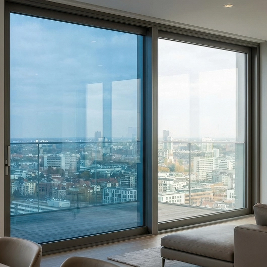 Panoramic city view through large floor-to-ceiling windows with glass balcony railing in a modern high-rise apartment.