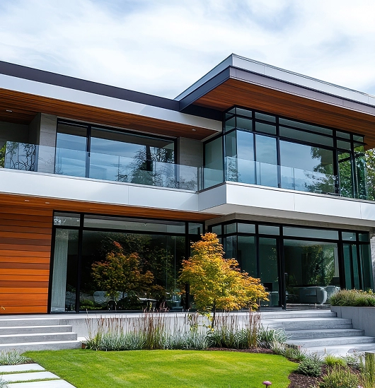 Modern two-story house with large glass windows, wooden paneling, a glass balcony, and a landscaped front yard with a small tree and green grass.
