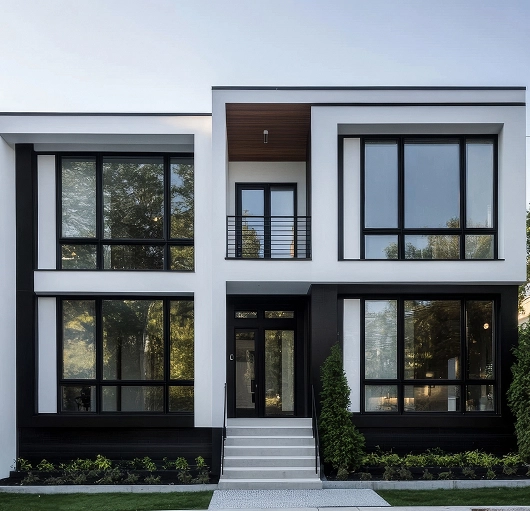 Modern two-story house with large black-framed windows, white and black exterior, front steps, and landscaping.