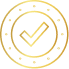 Golden circular badge with a checkmark in the center surrounded by small dots.