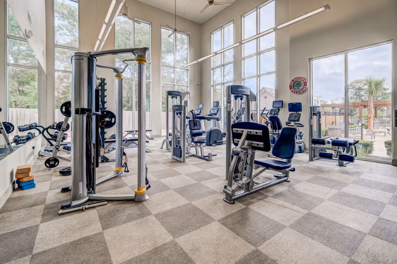 Gym with weight machines and stationary bikes