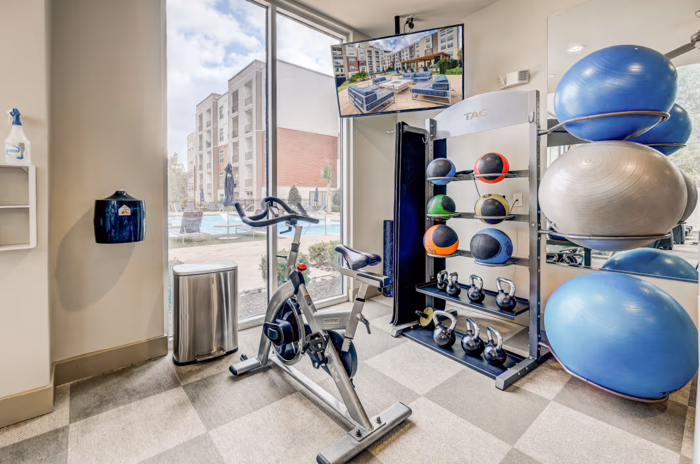 Gym with yoga balls and kettle balls