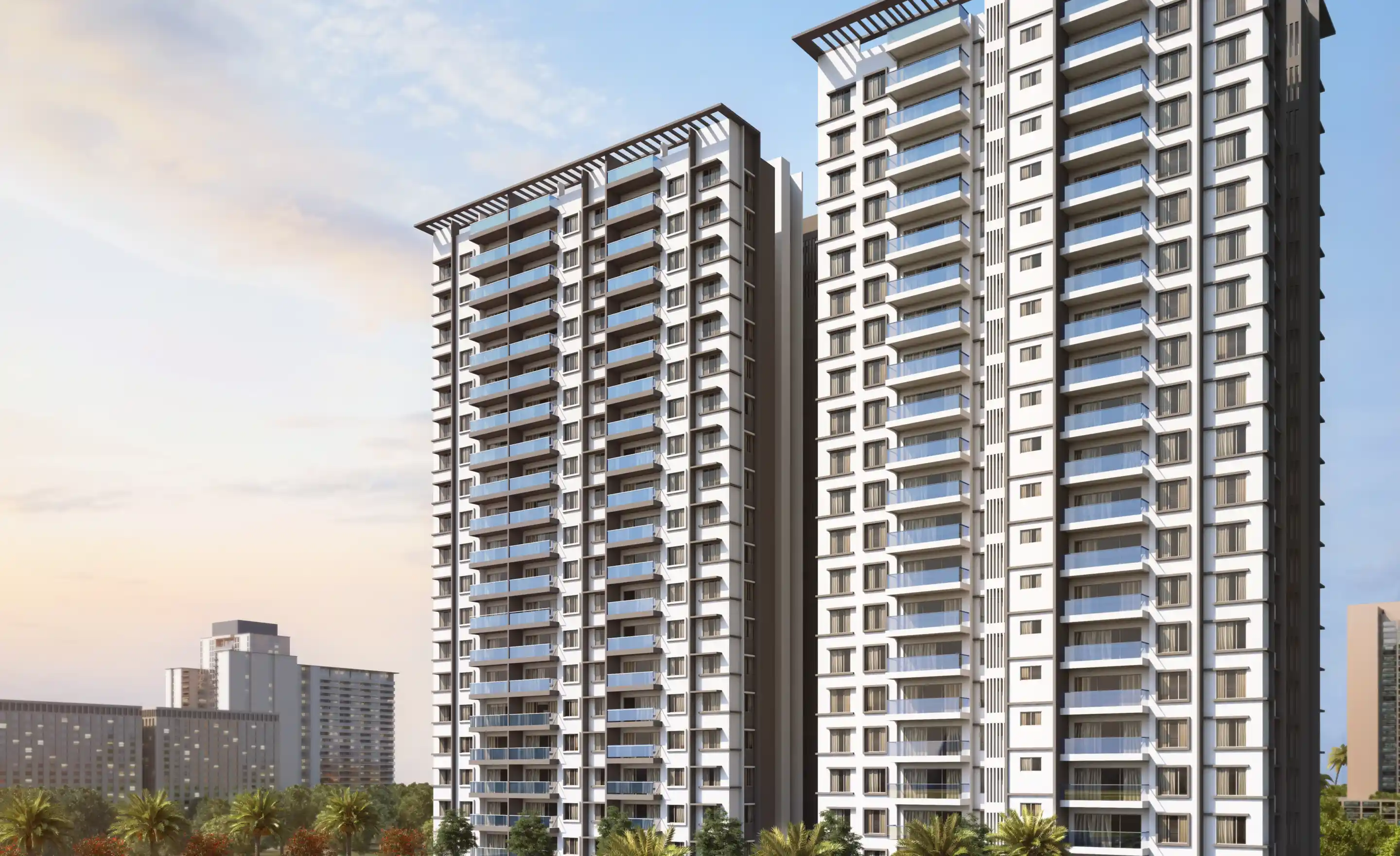Bhandari 7 Plumeria Drive exterior wide facade shot at evening Tathwade Pune