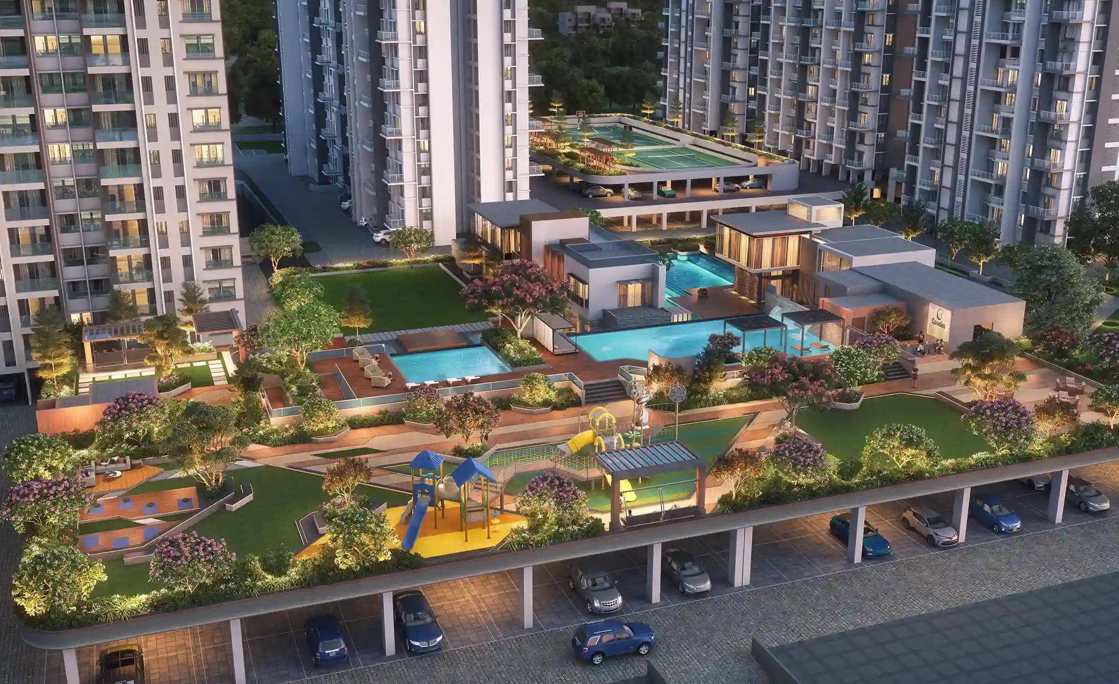 Bhandari 7 Plumeria Drive Central Amenity Area shot at evening Tathwade Pune