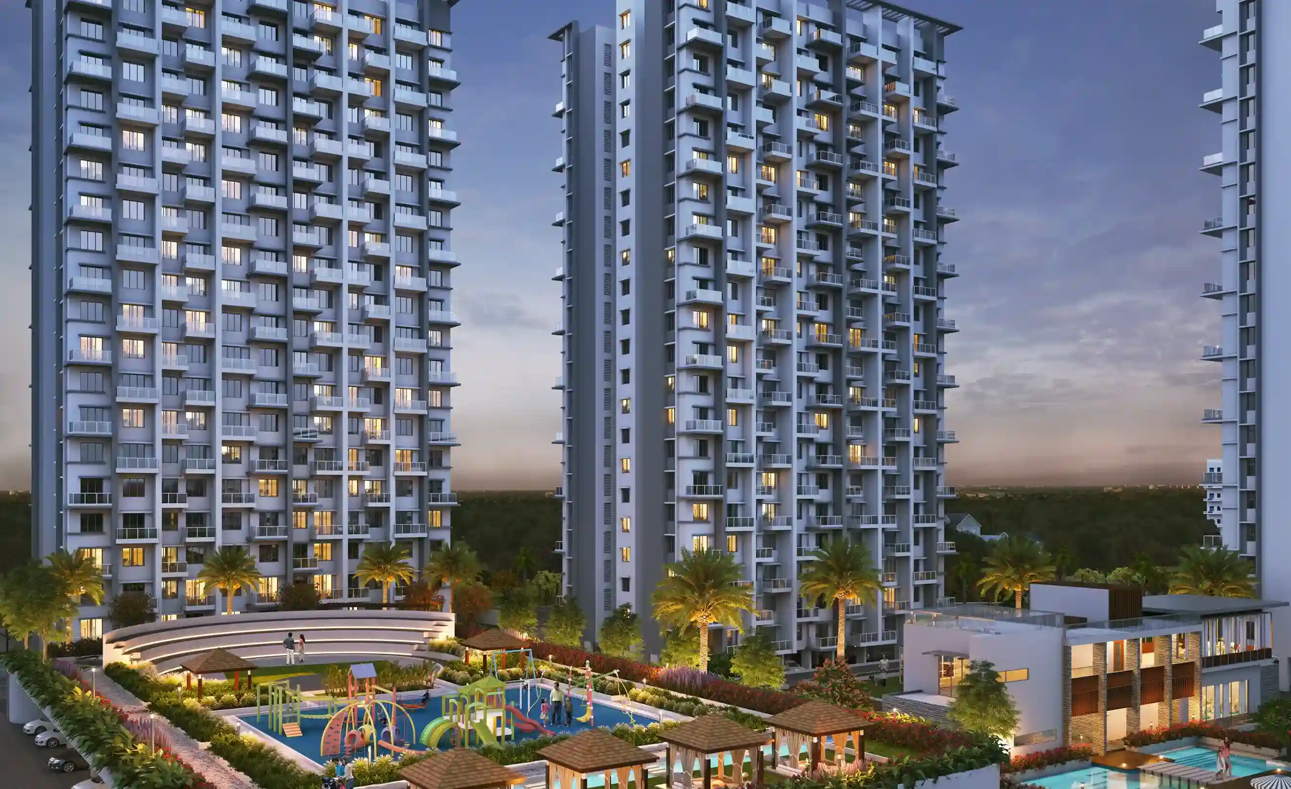 Bhandari 7 Plumeria Drive exterior wide facade shot at Night Tathwade Pune