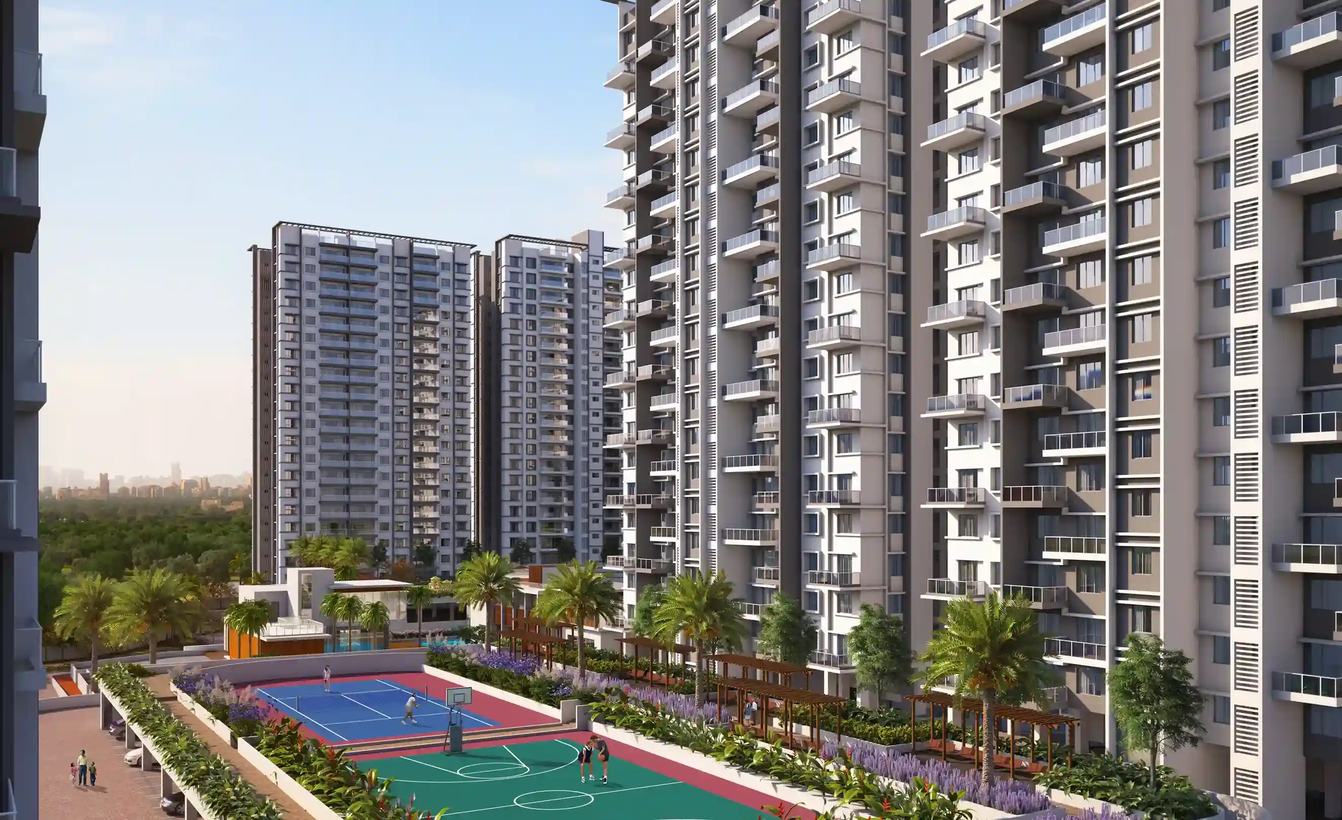 Bhandari 7 Plumeria Drive exterior wide side profile shot at Afternoon Tathwade Pune