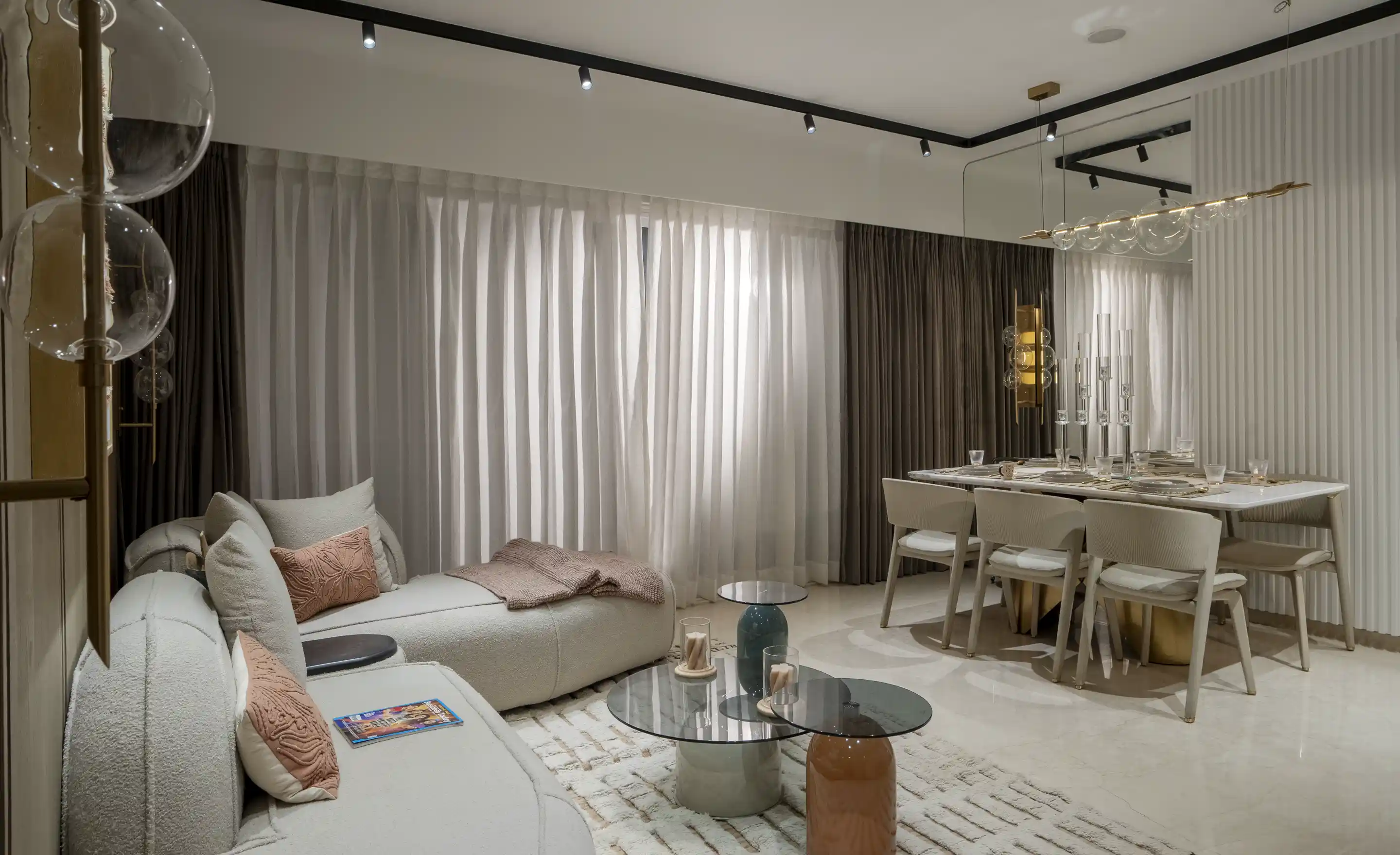 Bhandari 7 Plumeria Drive Furnished Living Room Wide Shot Tathwade, Pune