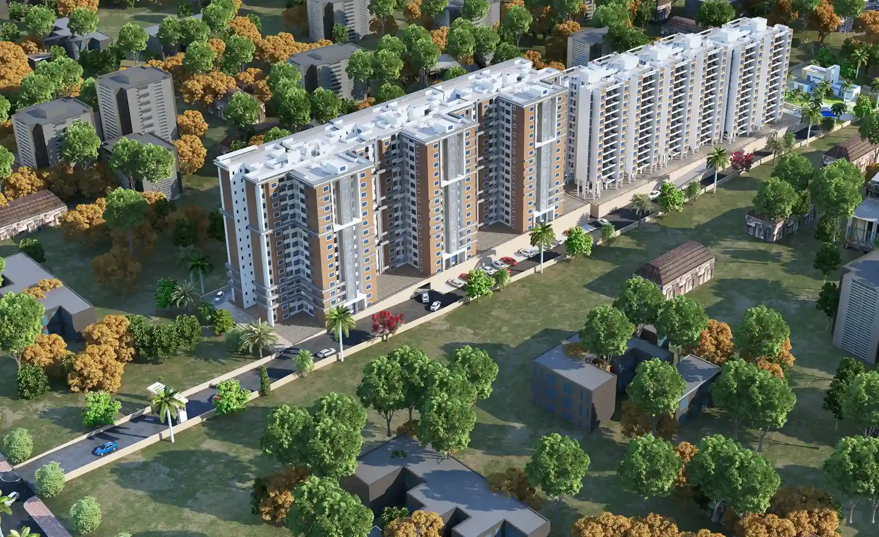 Bhandari Swadesha exterior facade isometric shot at mid day Central Moshi, Pune