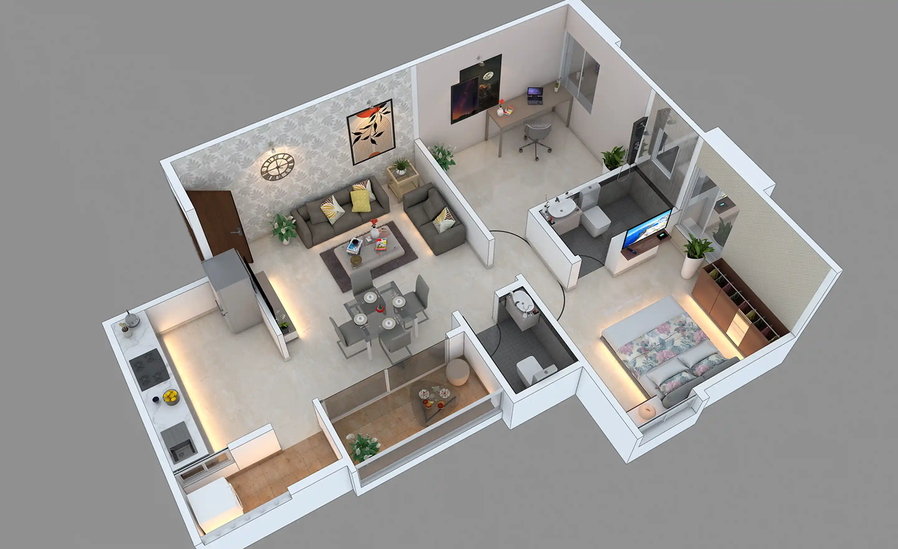 3BHK Floor Plan Render Top Shot