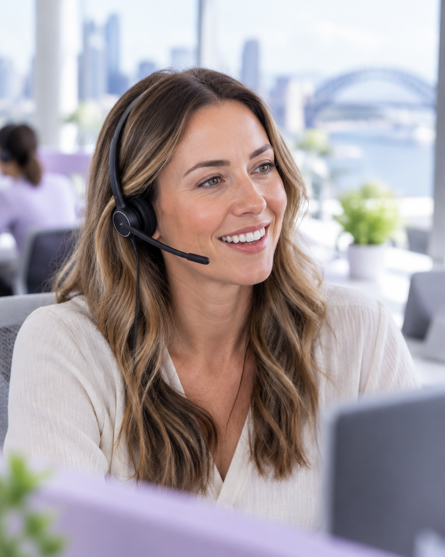 Customer experience specialist smiling on a headset in a bright office