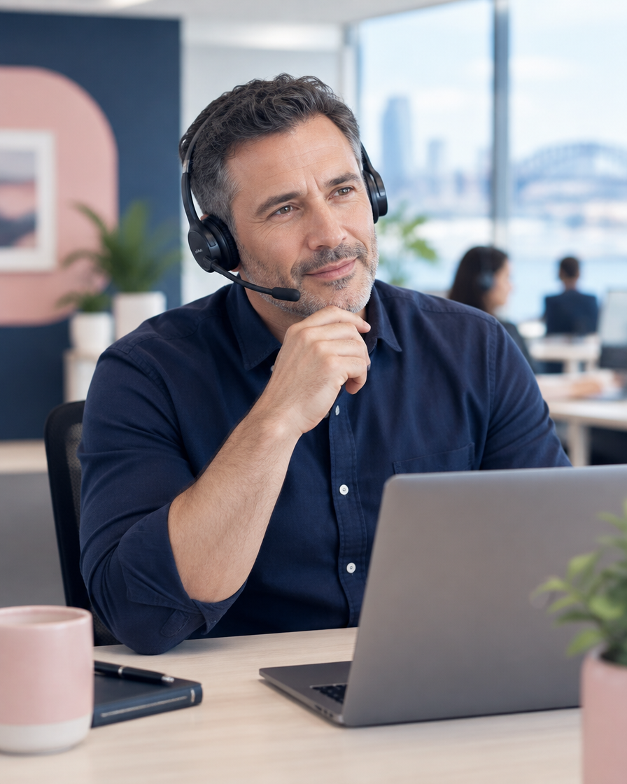 Contact centre team leader listening carefully on a headset at his desk