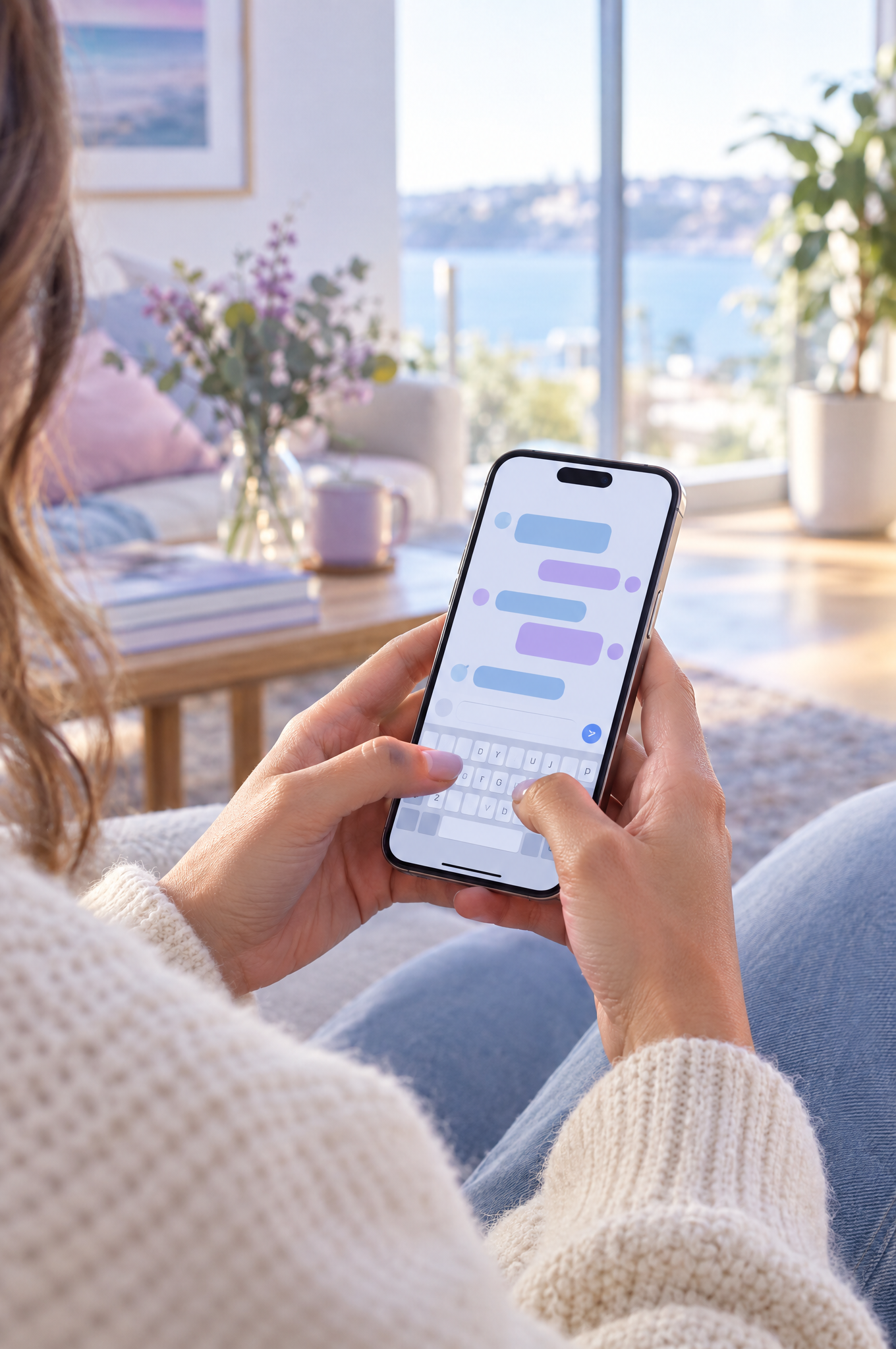 Hands holding a smartphone, typing a reply in a text conversation