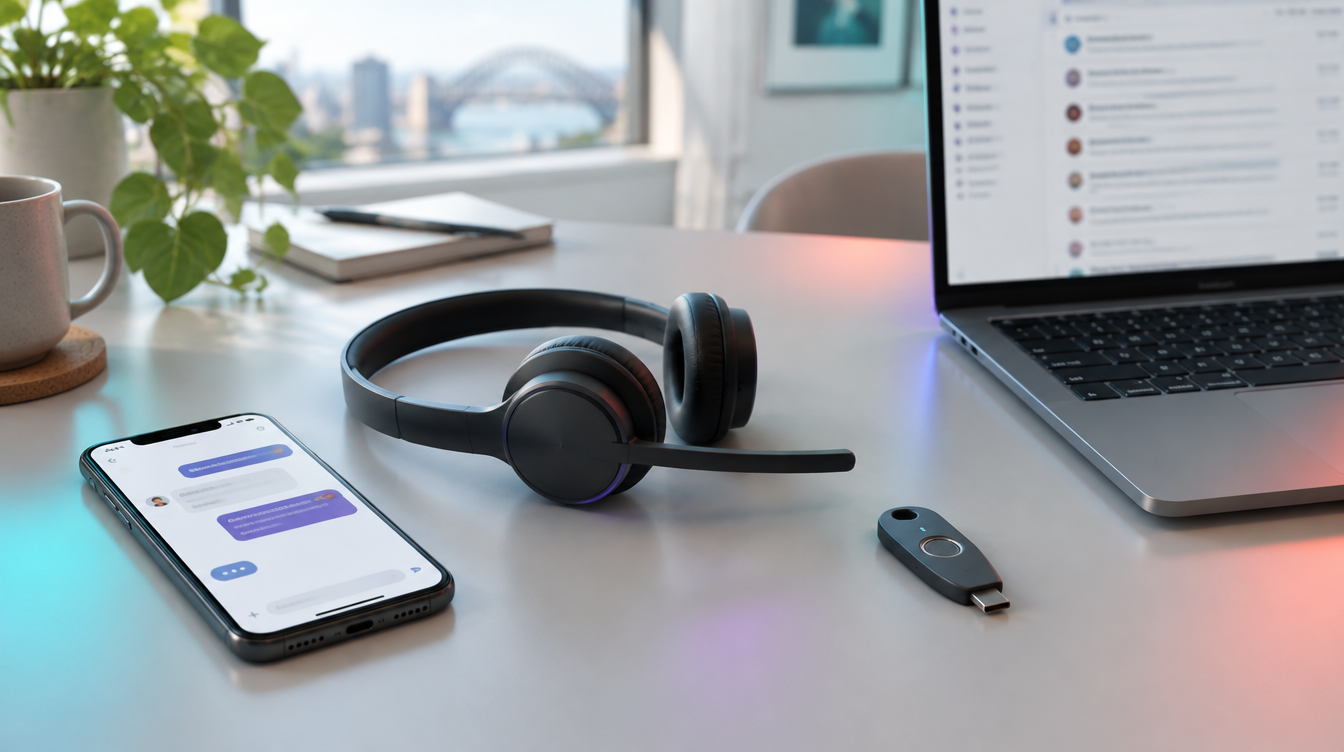 Smartphone chat thread, headset, laptop and security key arranged as one connected flow on a desk