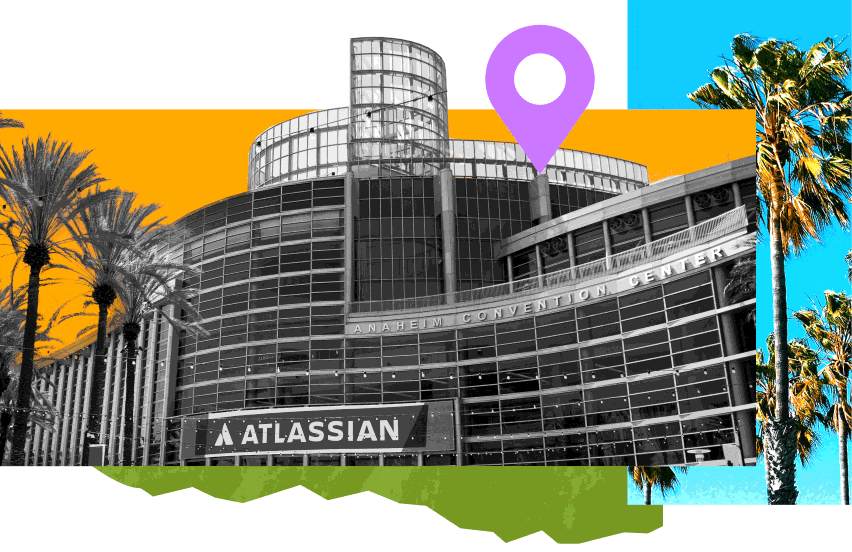 Animated welcome graphic for a field guide to the Atlassian Team '26 conference near Disneyland.