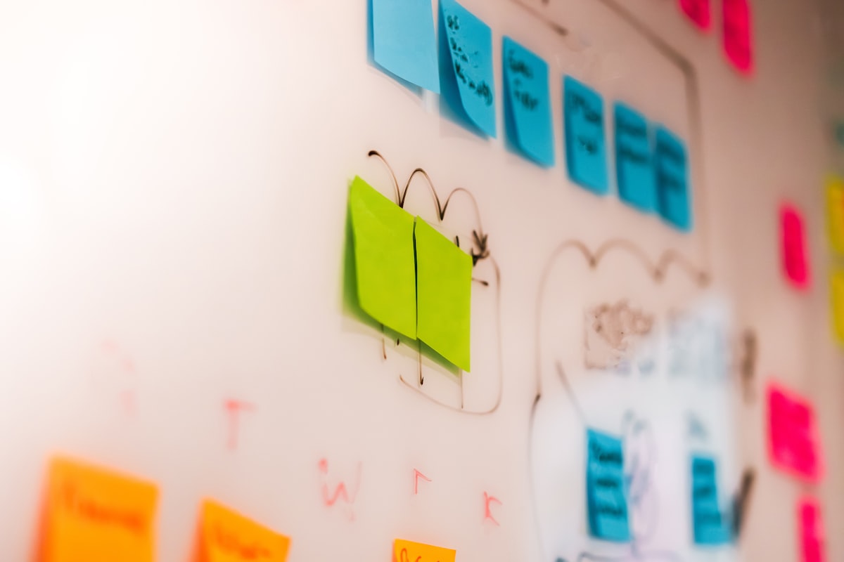 Wall covered in colorful sticky notes arranged in columns during a team planning session