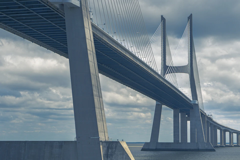 A cable-stayed bridge spanning a wide river