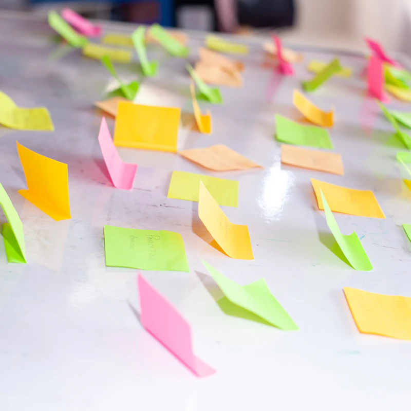 Coloured sticky notes arranged on a whiteboard