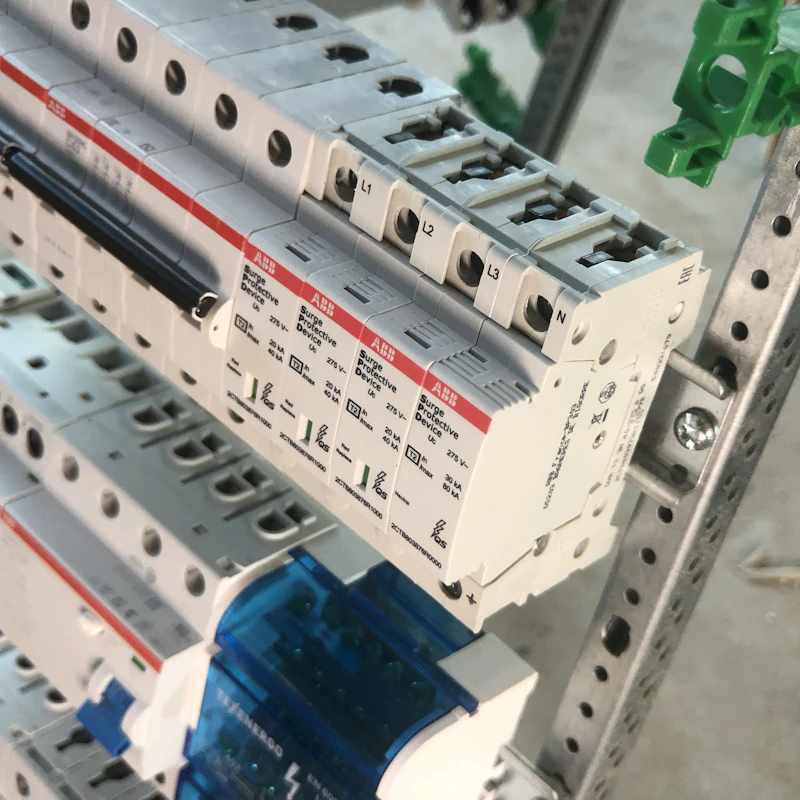 Separate electrical circuit breakers mounted in rows