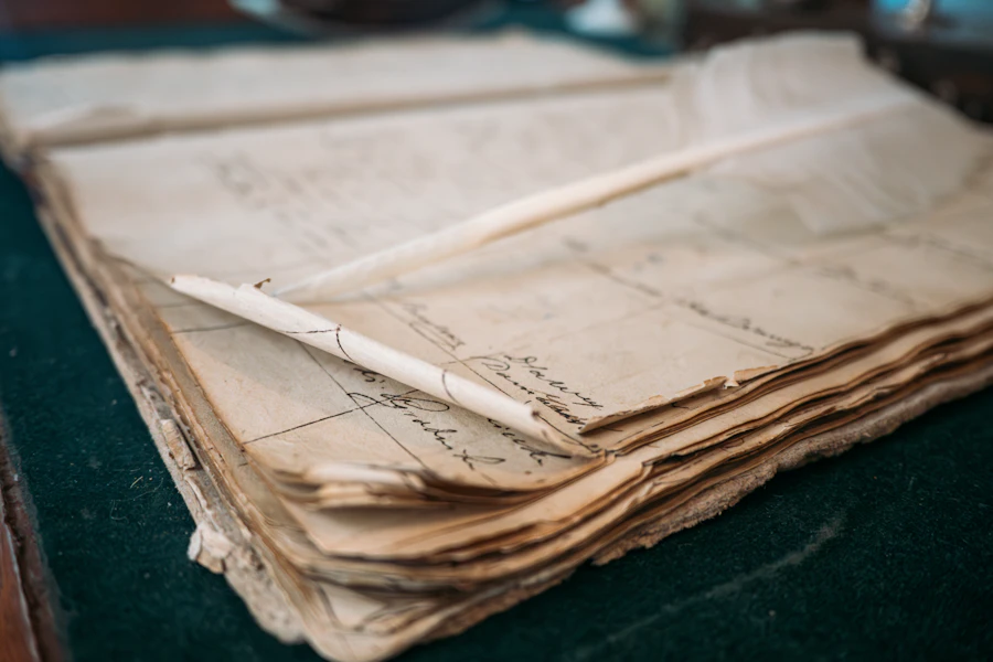 A handwritten historical ledger with a feather quill