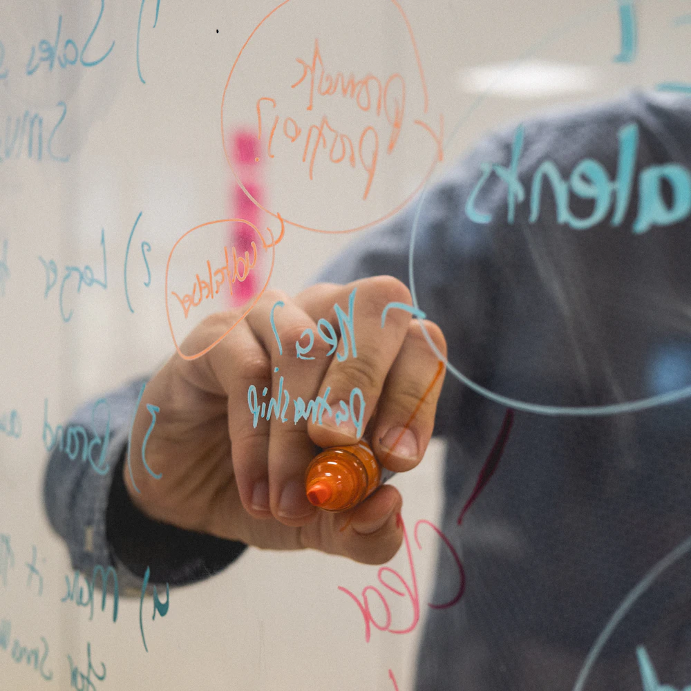 Process mapping on a glass whiteboard, illustrating Jira governance and configuration review.