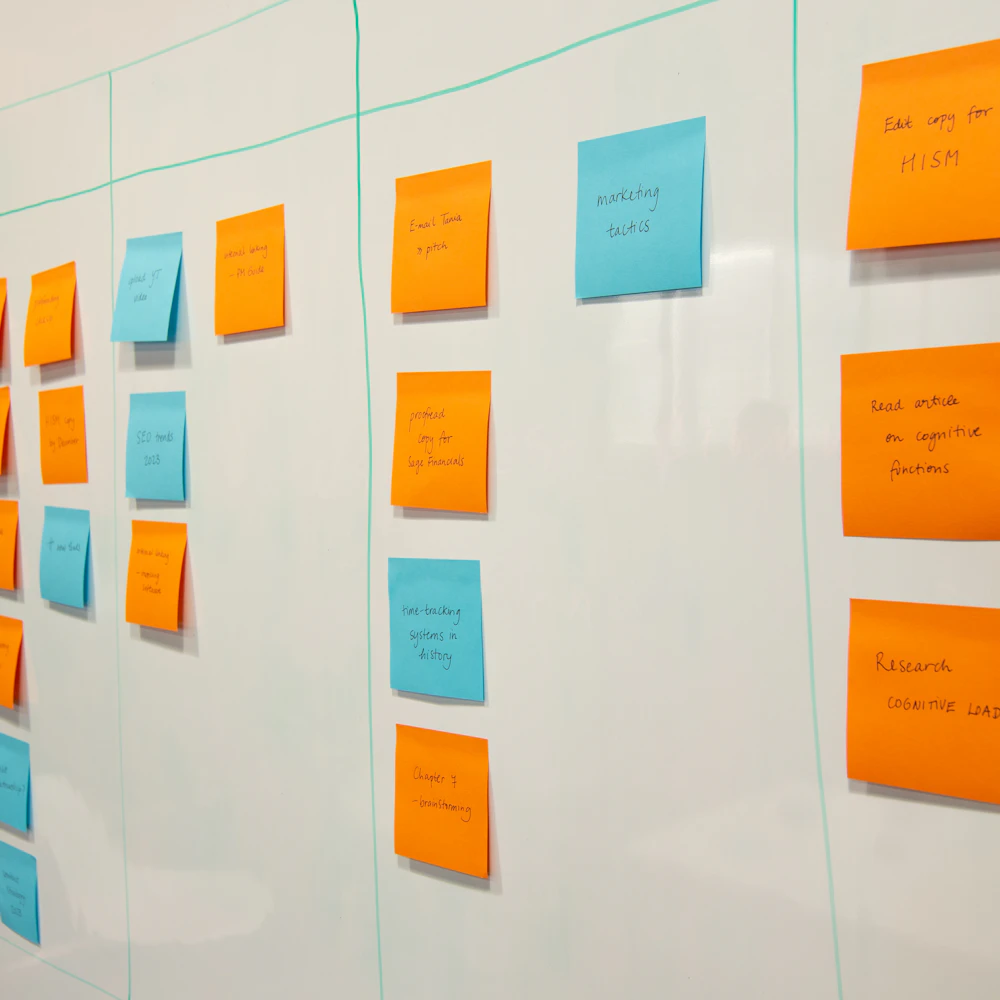 A column-based task board with sticky notes, illustrating structured backlogs and agile product delivery.
