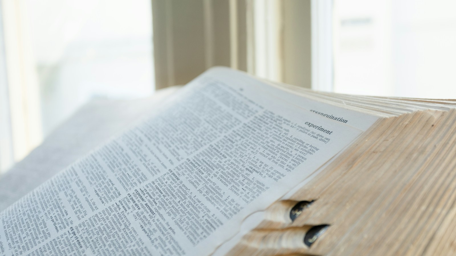 An open dictionary with thumb indexes in soft window light.
