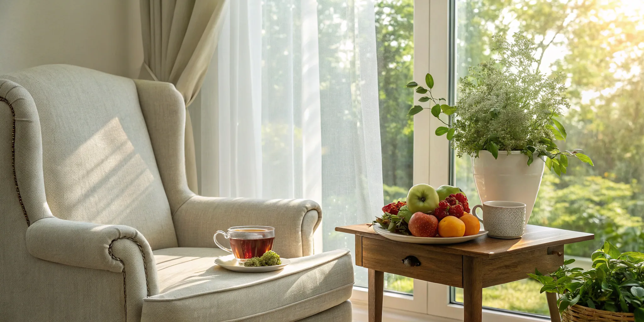 Herbal tea and fruit as part of a personalized functional medicine approach to wellness.