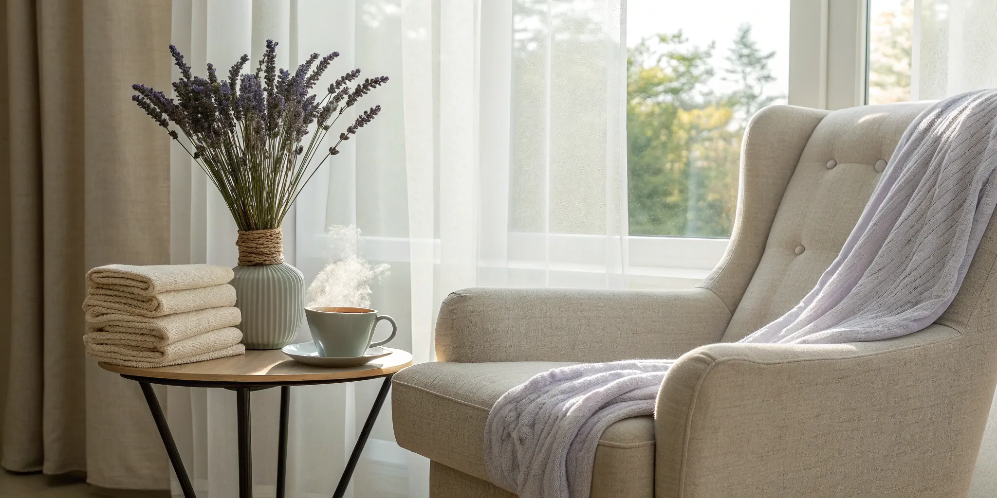 A cozy home setting with a cup of tea, ready for taking an at-home estrogen test.