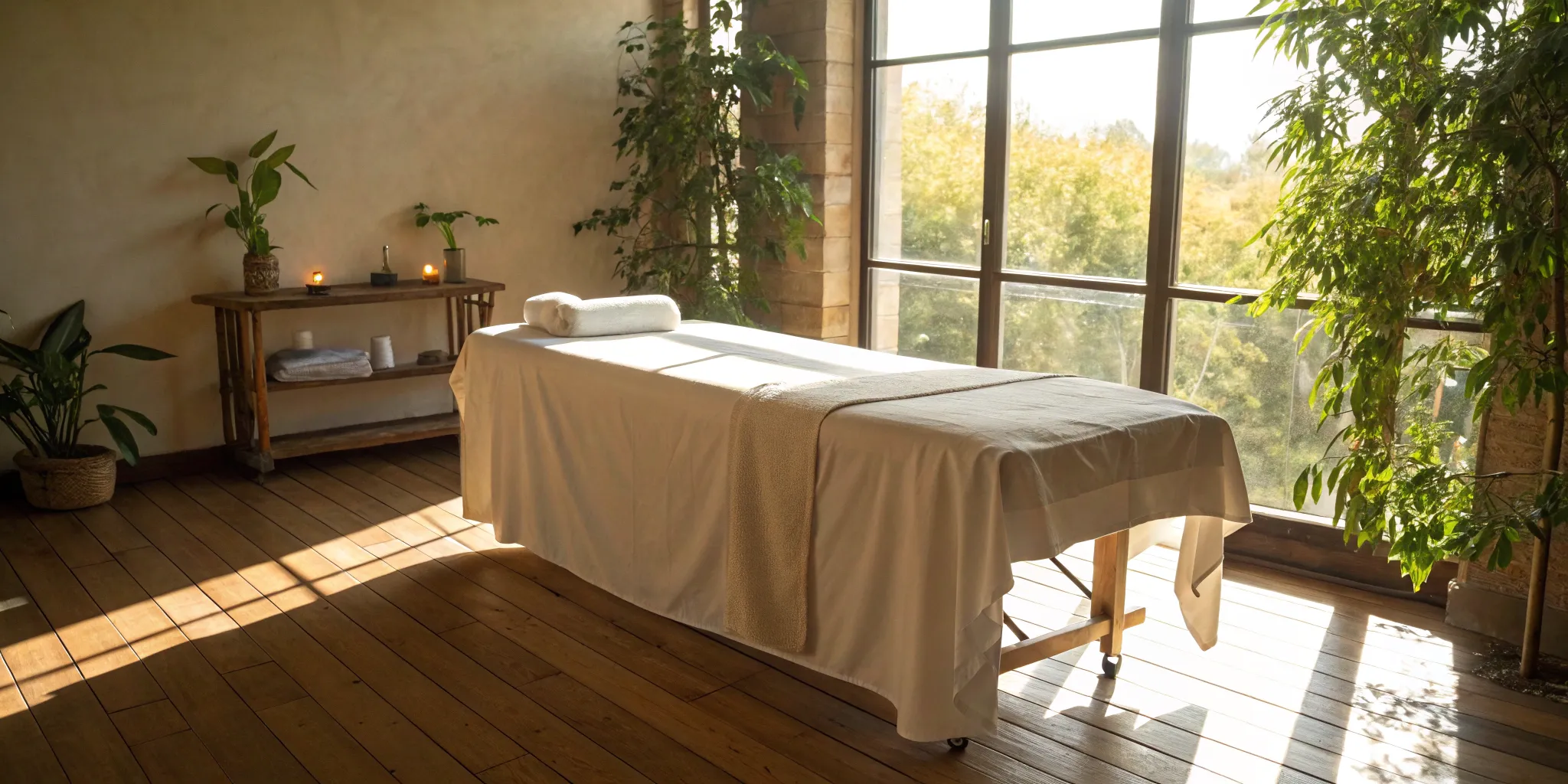 A therapy room with a massage table for non-surgical treatment of spinal narrowing in the neck.