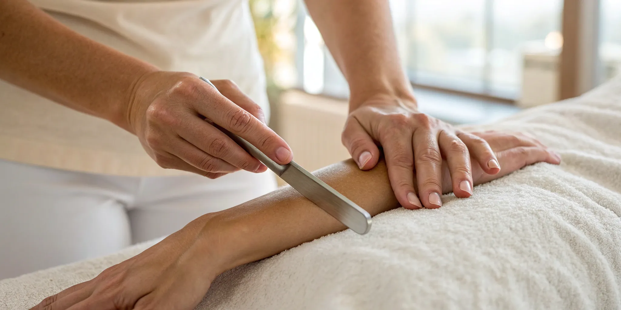 Graston technique on a forearm, a treatment known for causing side effects like bruising.