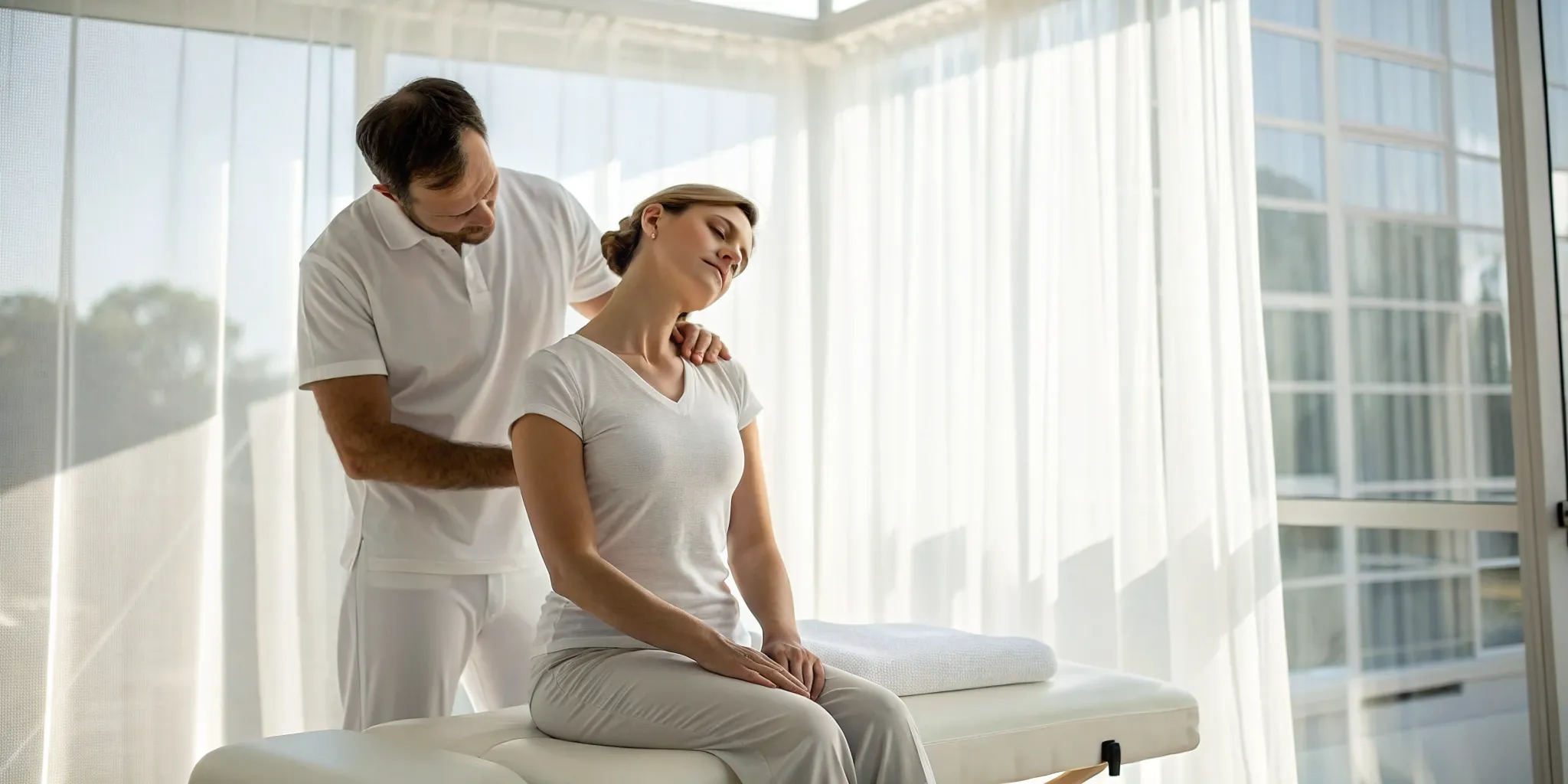 Chiropractor adjusting a woman's neck to relieve pain and headaches.