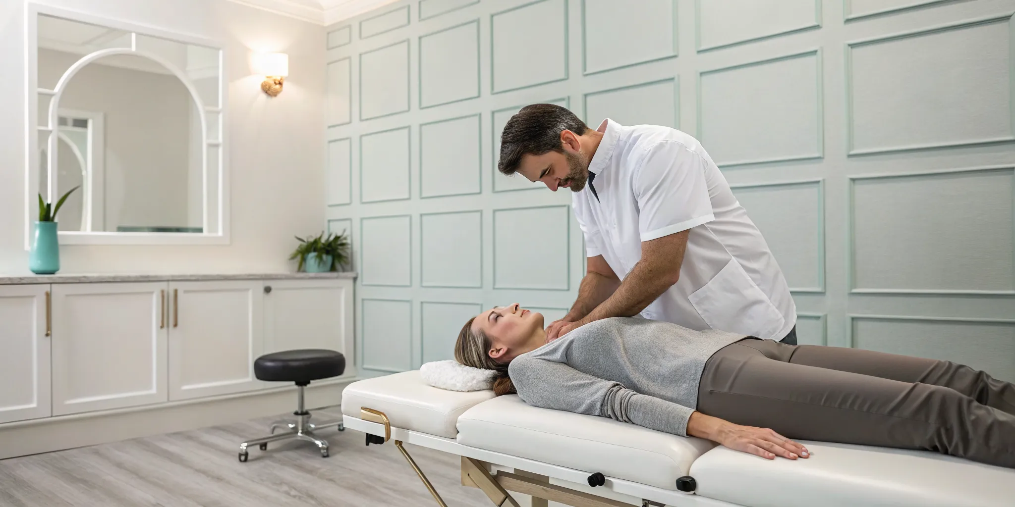 Chiropractor performing a spinal adjustment on a woman for migraine treatment.
