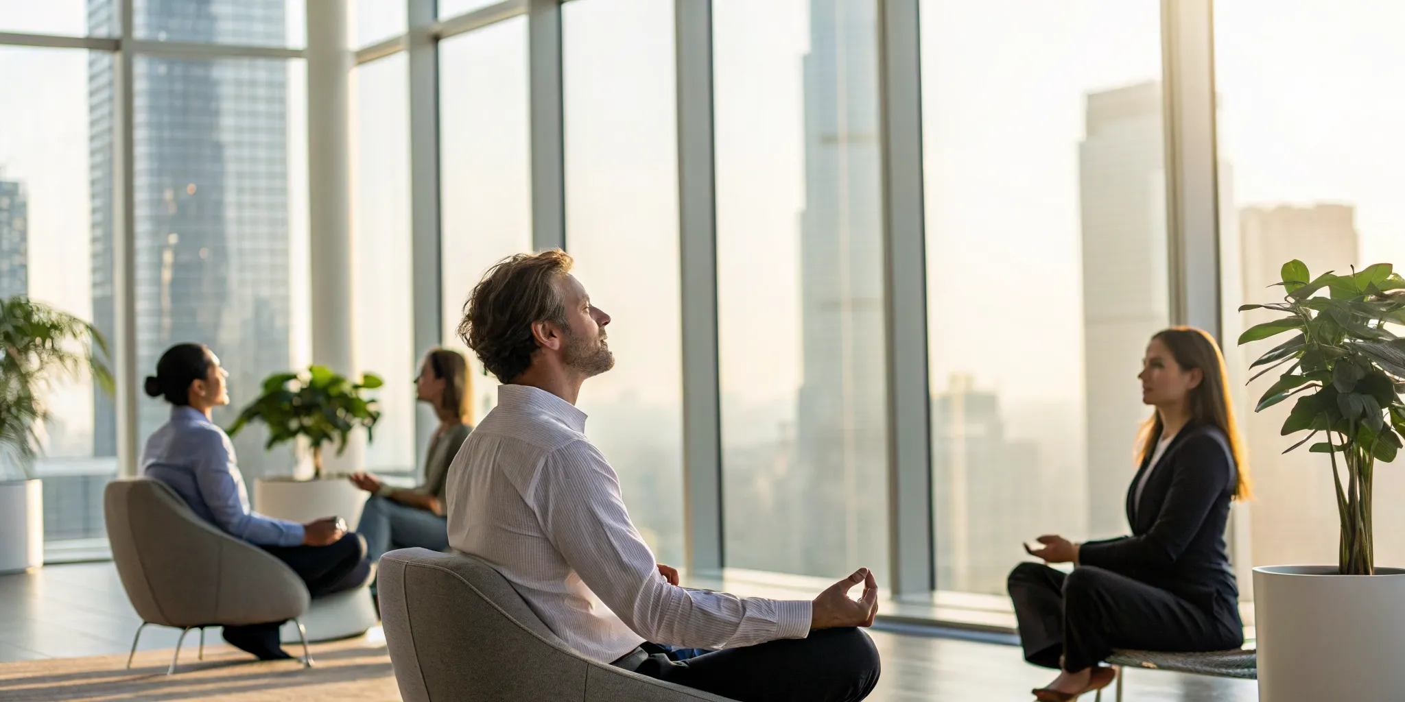 A corporate wellness program in action with employees meditating to manage workplace stress.