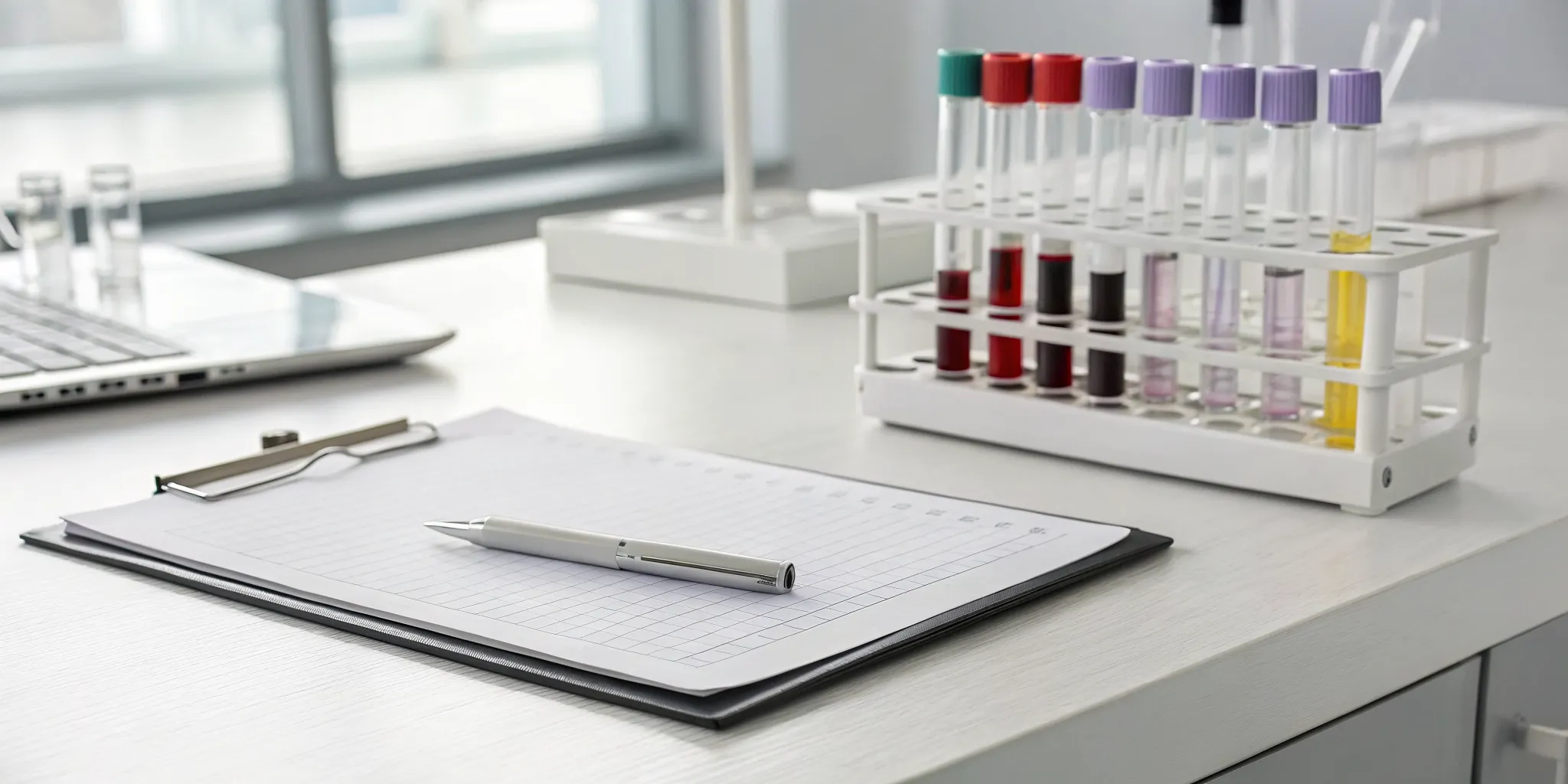 Blood samples and paperwork for a male hormone test panel.