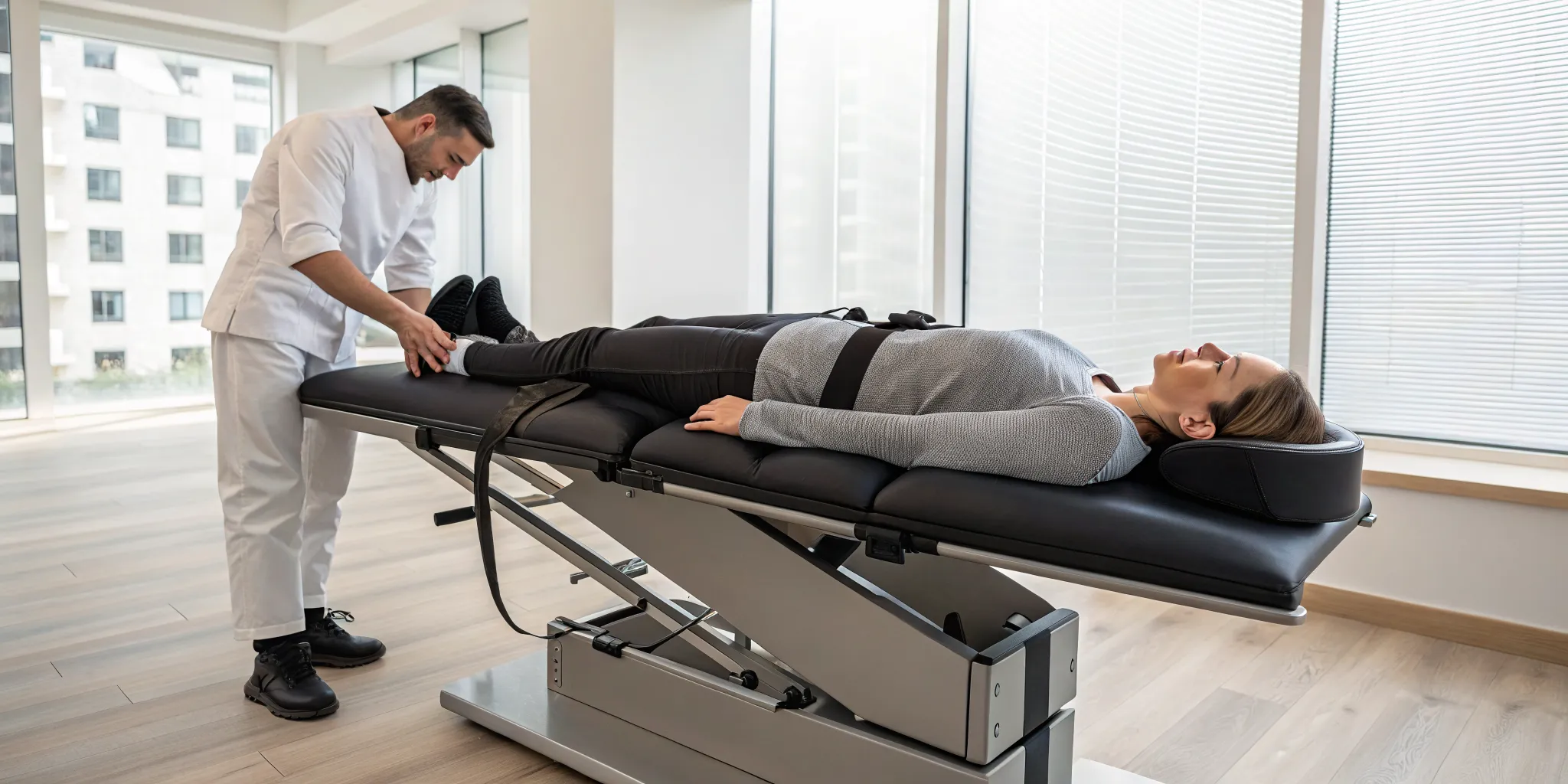 Chiropractor performing lumbar decompression using a specialized chiropractic table.