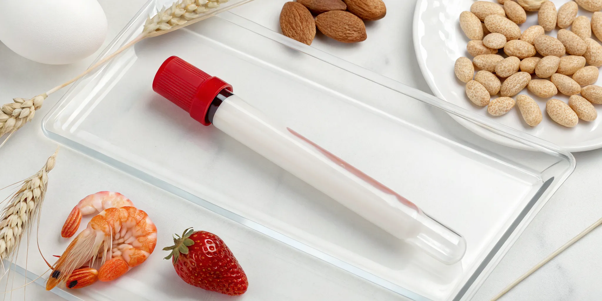 Blood sample for a food allergy panel test with common allergens like shrimp, eggs, nuts, and wheat.