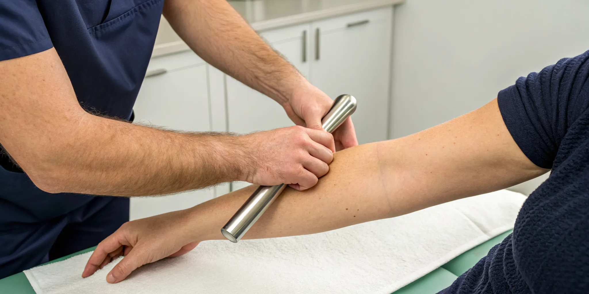 A therapist performs the Graston technique on a forearm with a steel tool for soft tissue therapy.