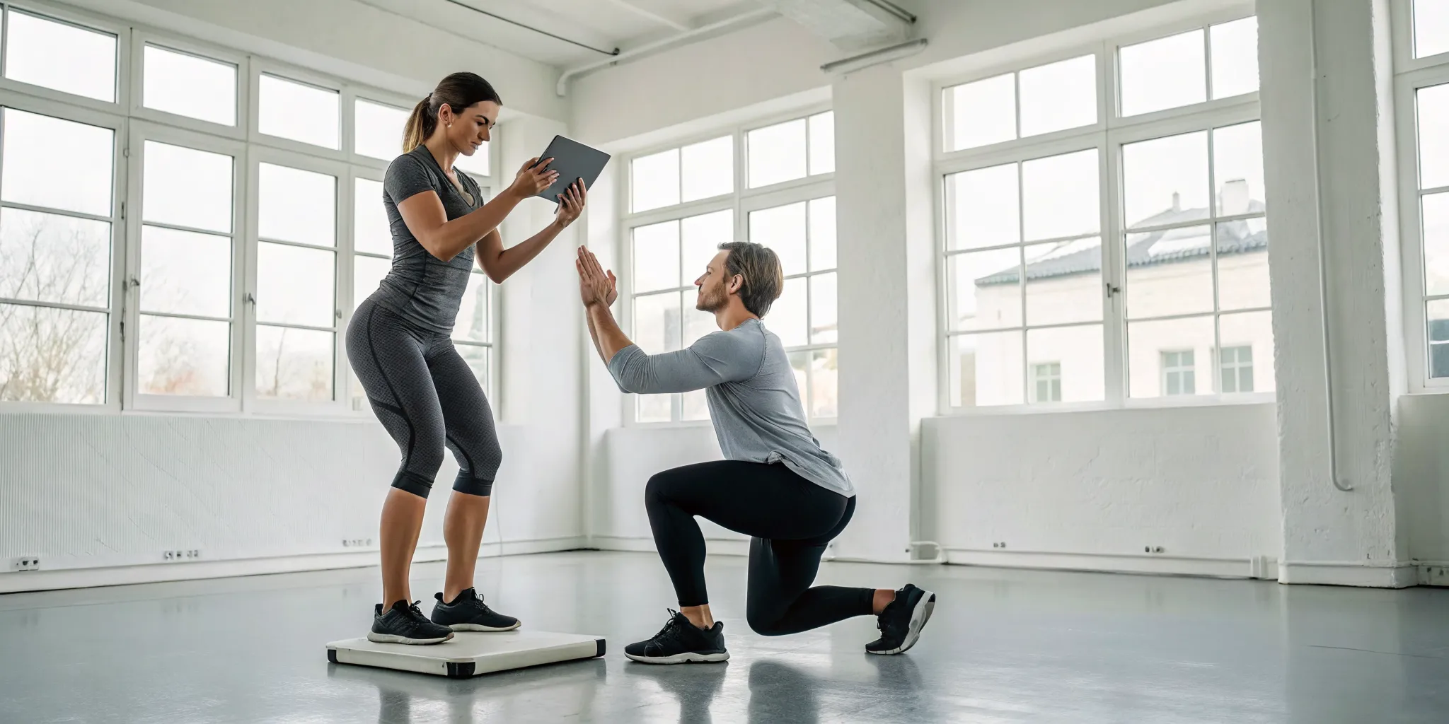 A trainer guiding a client through a functional movement screening.
