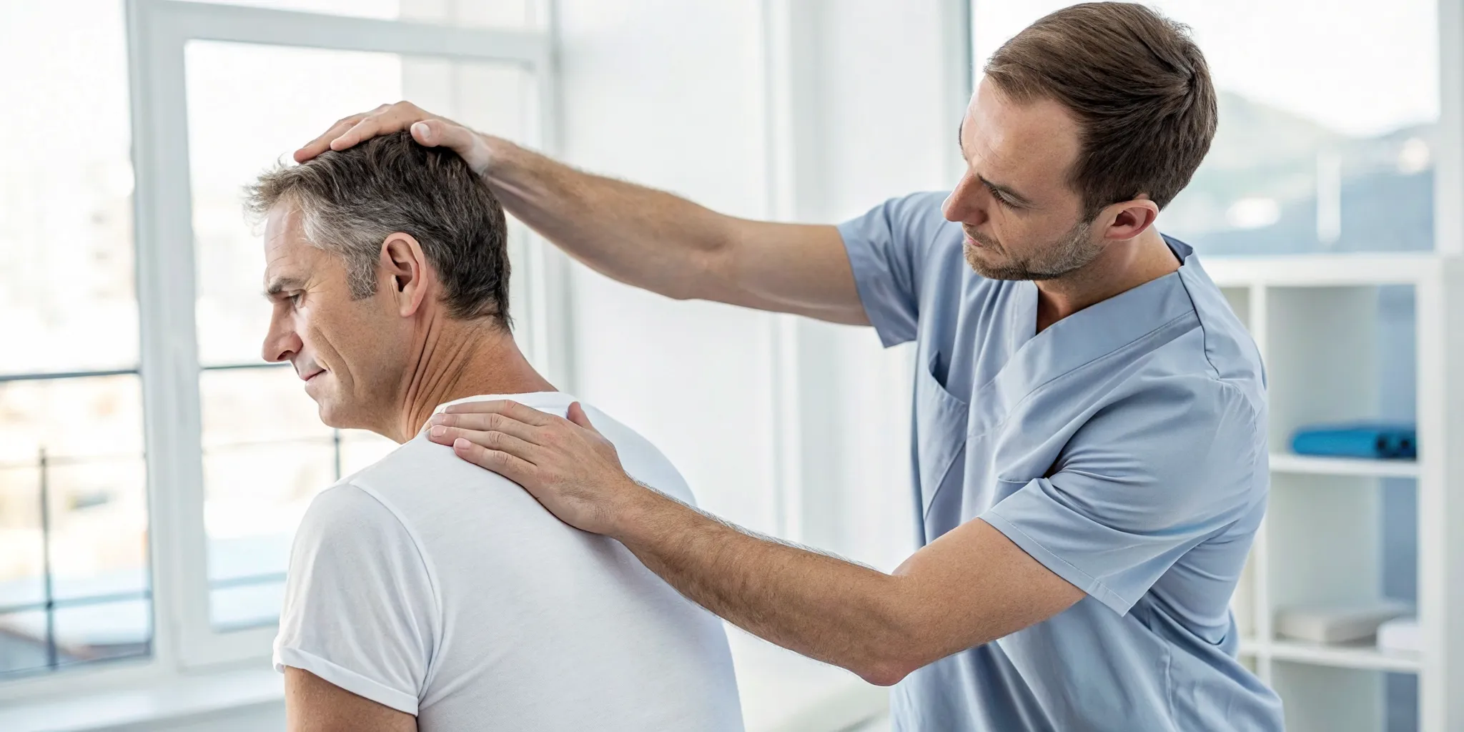 Physical therapist using a joint mobilization technique on a patient's neck and shoulder for mobility.