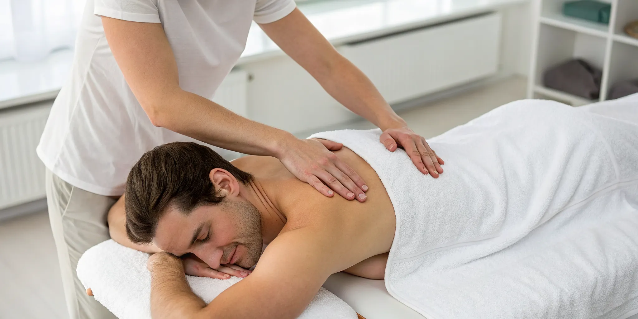Man receiving myofascial release therapy with gentle pressure on his back.