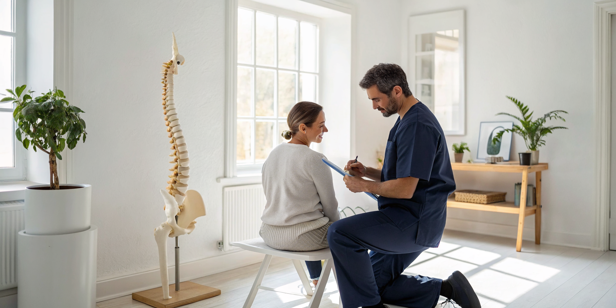 Chiropractor consulting with a seated patient about natural pain relief.