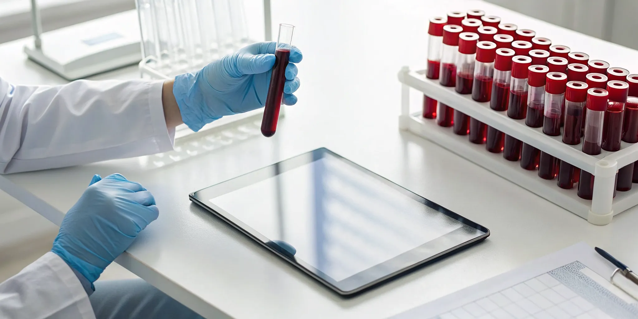 A close-up of a bloodwork analysis report with lab test results.