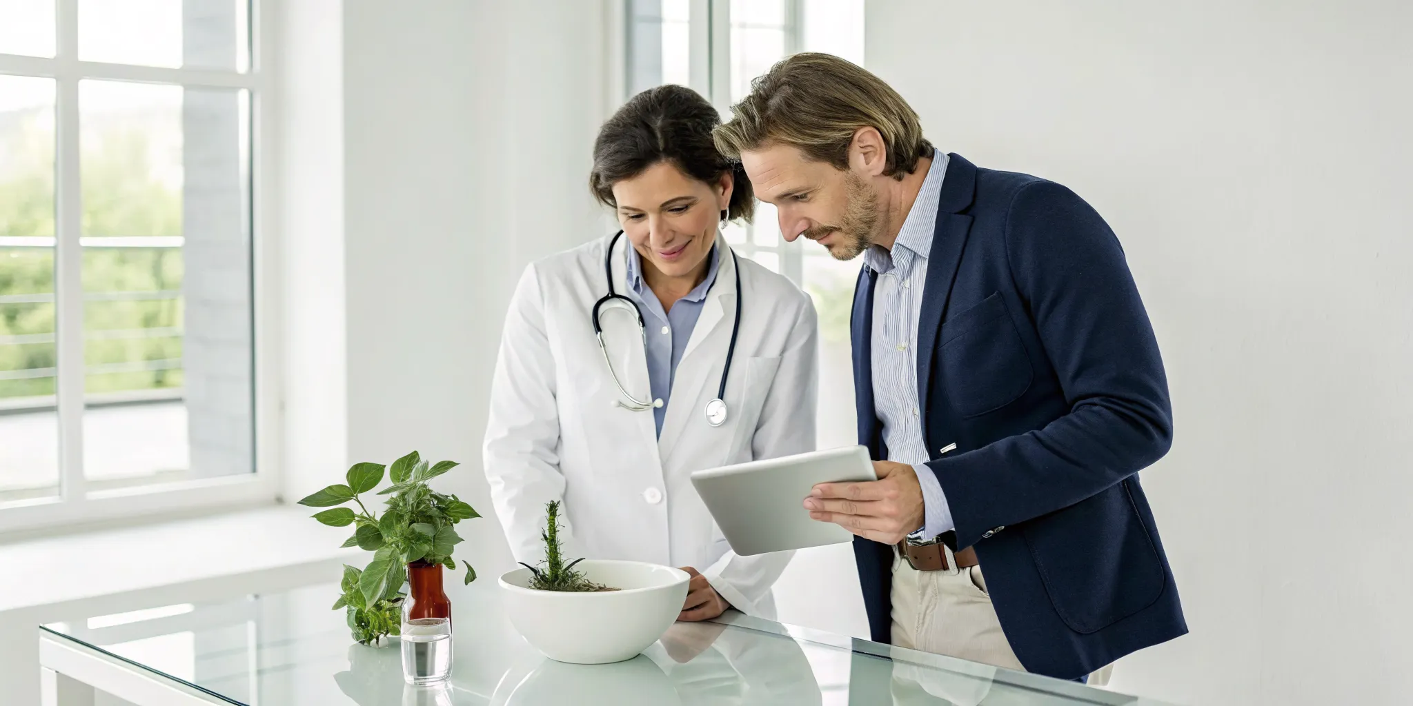 An integrative health practitioner and a patient discussing a holistic health plan in a doctor's office.