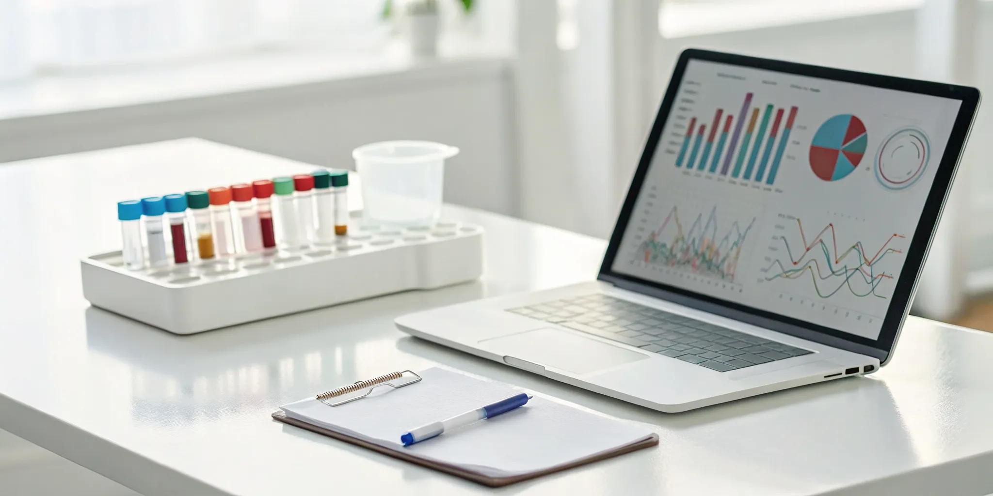 GI-MAP test kit with sample vials and a laptop displaying the gut health test results.