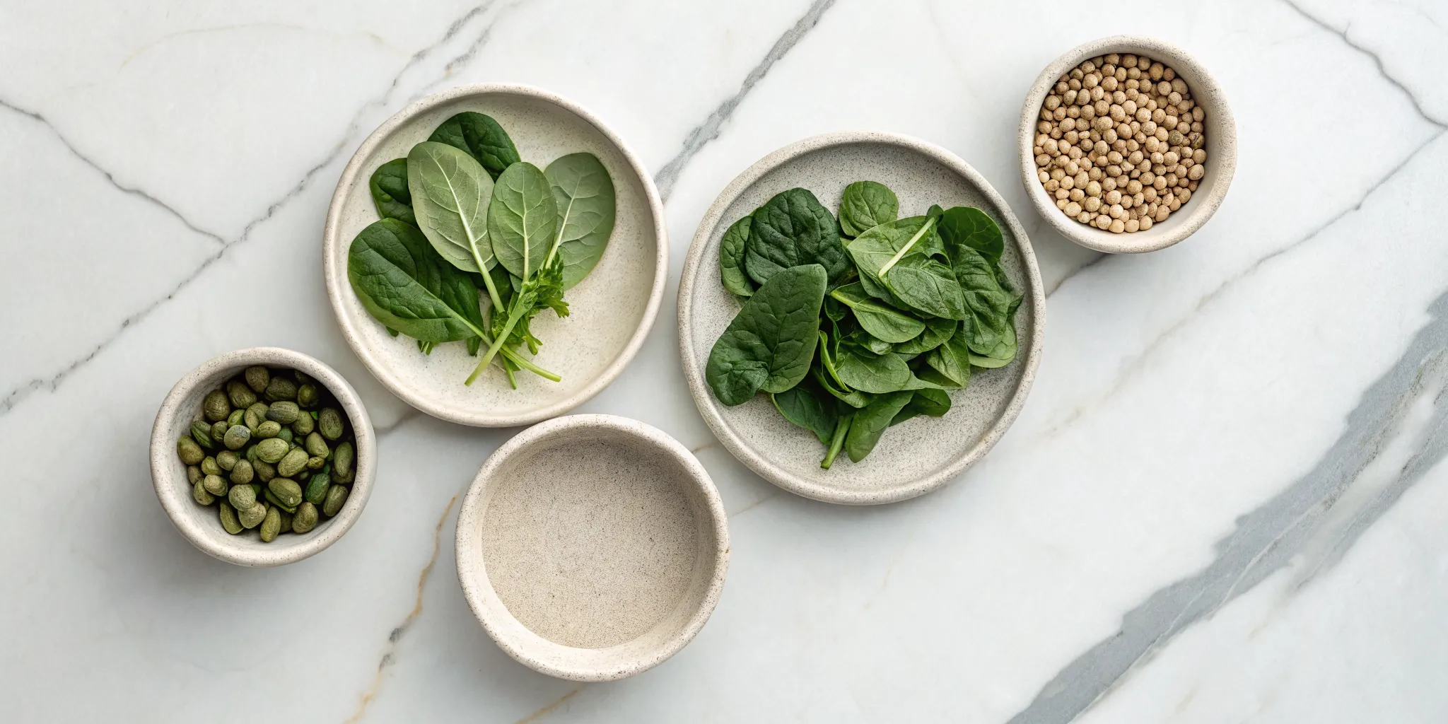 Bowls of spinach and chickpeas, foods for correcting common nutrient deficiencies.