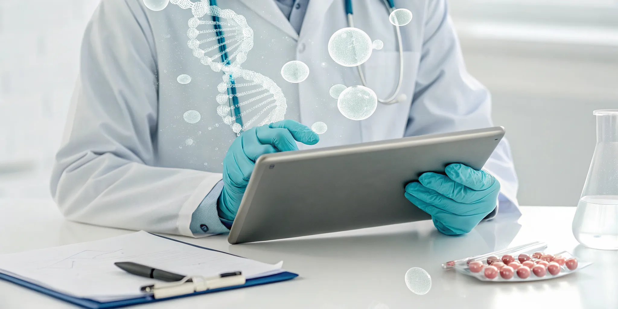 Doctor analyzing a patient's autoimmune markers and genetic data on a tablet.