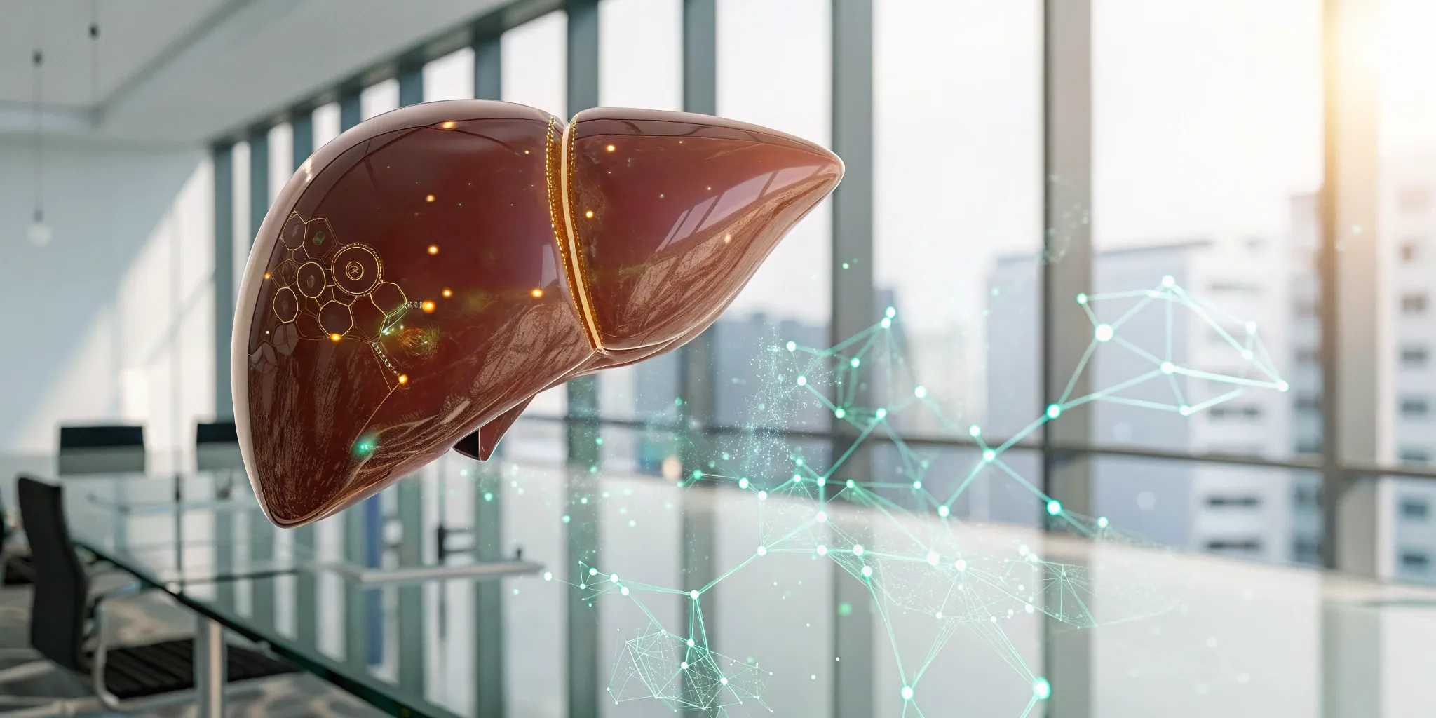 A 3D model of a liver with a digital overlay showing the complexity of its function.