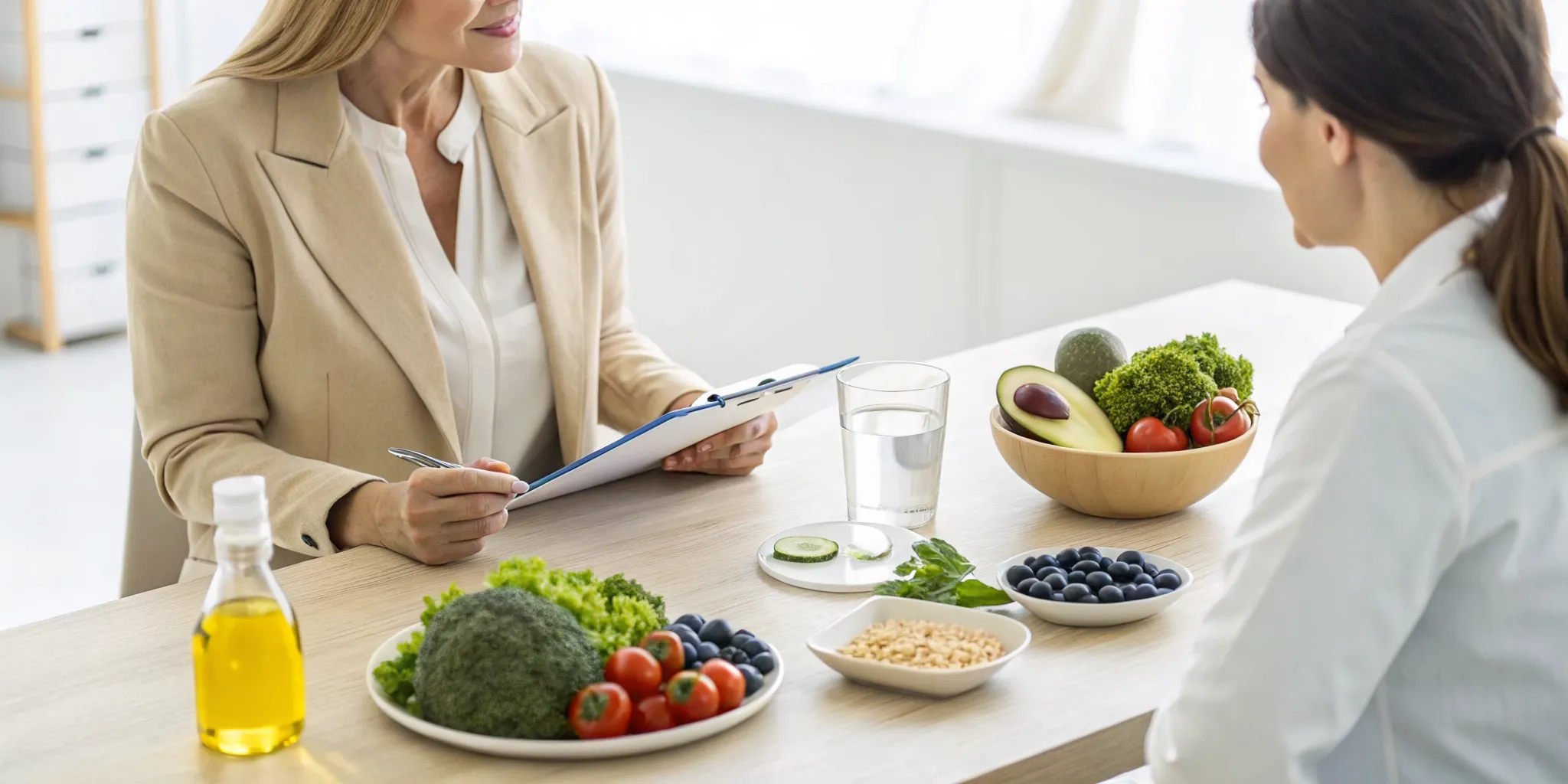 A functional nutrition counseling session with a variety of healthy whole foods on the table.